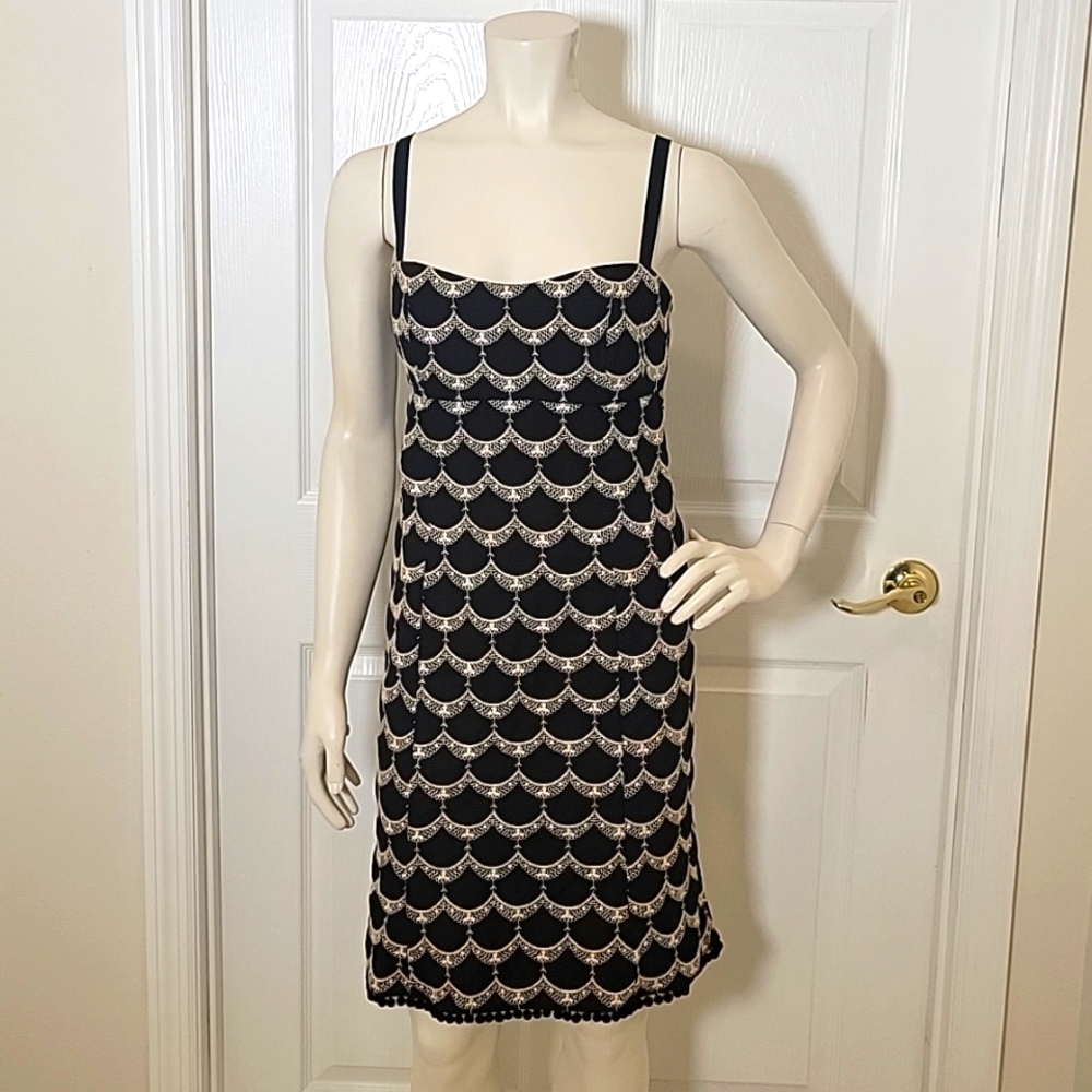 Nanette Lepore Black and Ivory Scallop-Pattern Midi Dress
